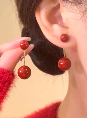 MEILAIFUREN高端定制红色珍珠耳环女简约气质耳坠925银针两戴款夏