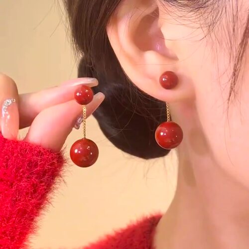 红色珍珠耳环女简约气质耳坠