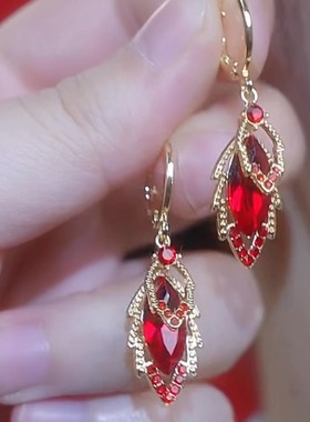 MEILAIFUREN高端定制红色锆石树叶耳扣女时尚百搭叶子耳环耳坠