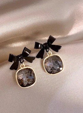 MEILAIFUREN高端定制 925纯银针黑色蝴蝶结水晶耳钉耳环气质耳饰