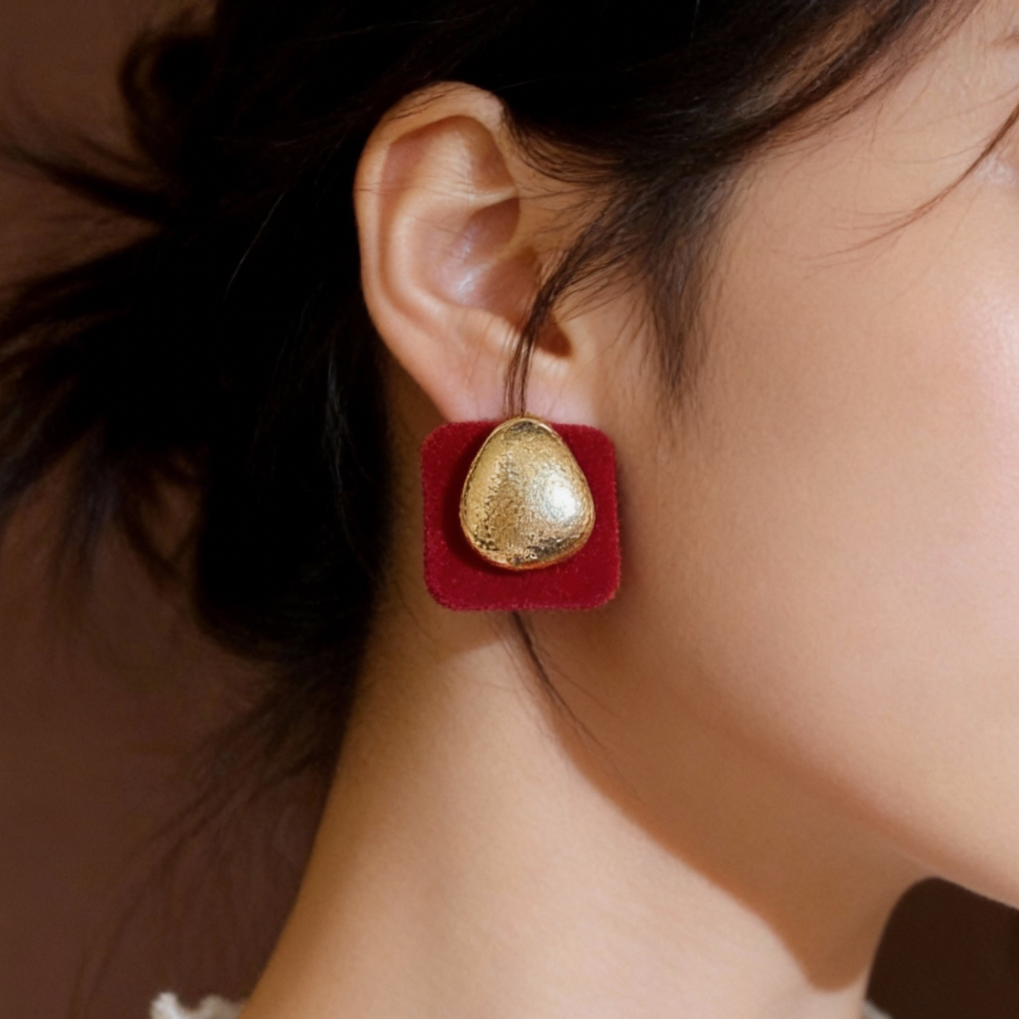MEILAIFUREN高端定制红色方形锤纹椭圆形耳钉百搭独特绝美耳环