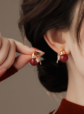 MEILAIFUREN高端定制新中式红色葫芦爱心锆石耳环超好看漂亮耳饰