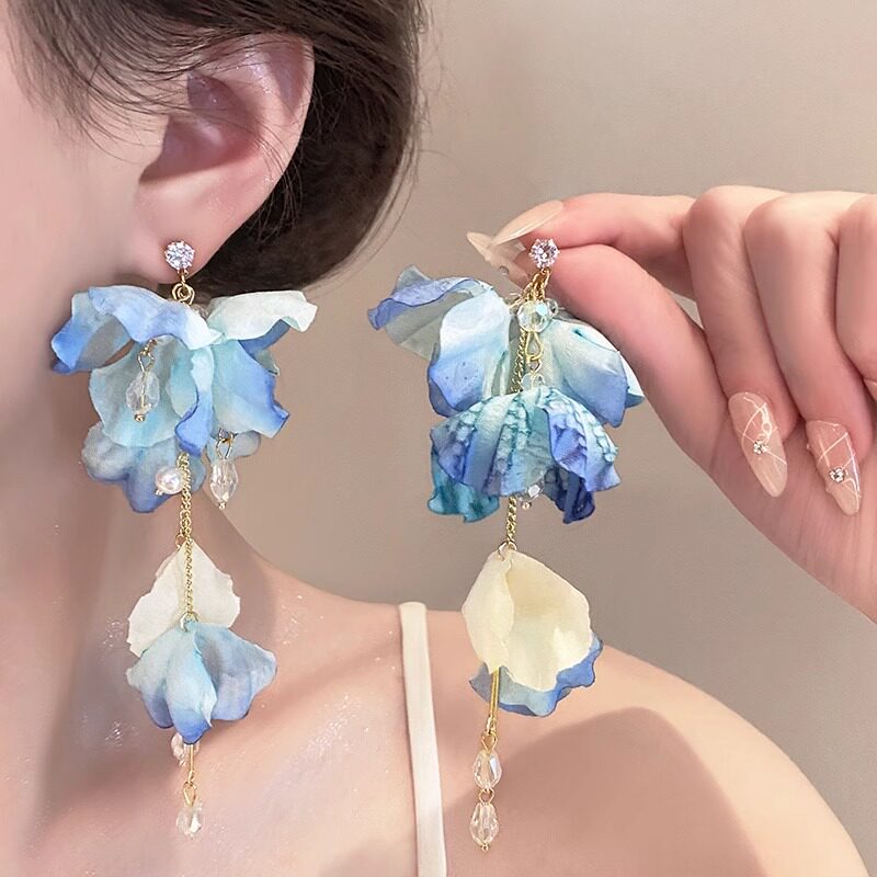 超仙夏日蓝色流苏花朵耳钉女