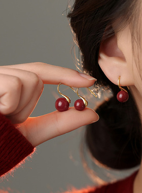 MEILAIFUREN高端定制 999纯银朱砂耳环轻奢本命年耳饰红色耳钉