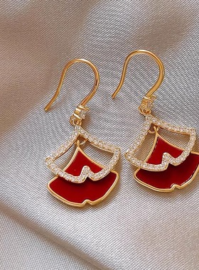 MEILAIFUREN高端定制 镂空锆石双层红色滴釉银杏叶耳环