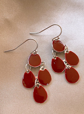 MEILAIFUREN高端定制红色水滴流苏耳坠耳钉轻奢高级感大气耳环