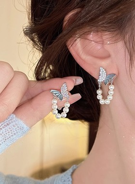 MEILAIFUREN高端定制蓝色微镶蝴蝶珍珠耳钉女耳环设计感独特耳饰