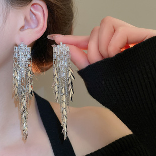 MEILAIFUREN高端定制银色冷淡风麦穗树叶流苏耳环长款轻奢耳钉