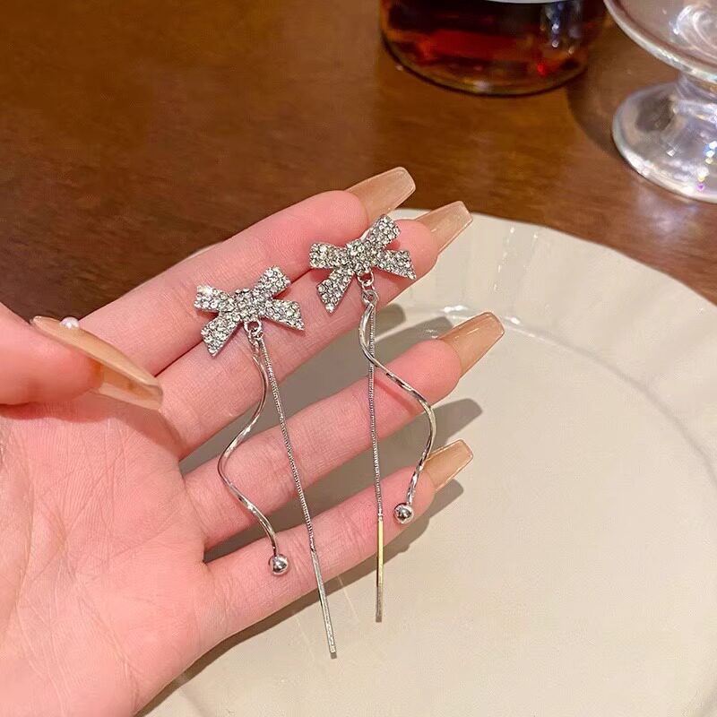 MEILAIFUREN高端定制轻奢蝴蝶结长款流苏耳环女高级气质耳钉耳饰