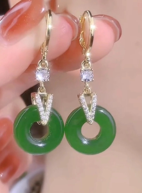 MEILAIFUREN高端定制新中式绿色平安扣耳环女高级感古风汉服耳坠