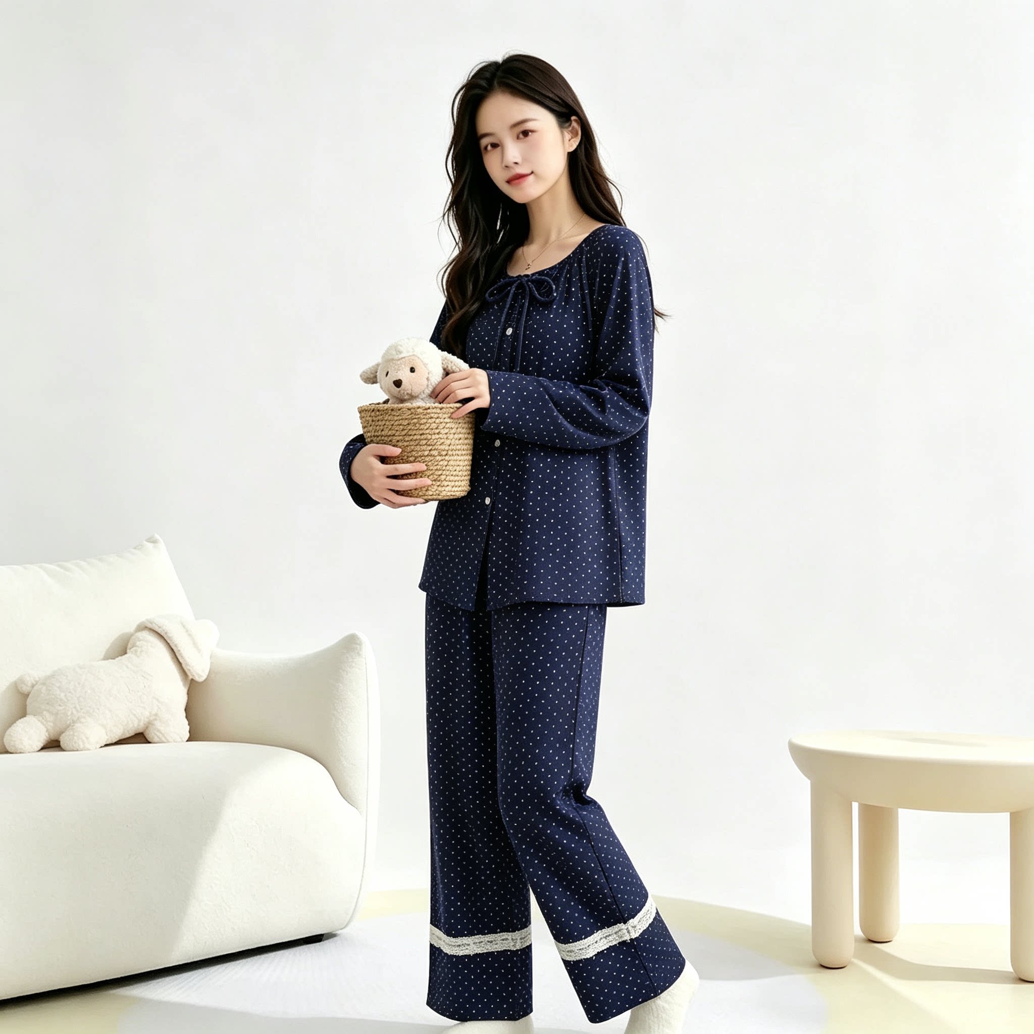 法式波点蕾丝花边纯棉睡衣女春秋季新款可外穿气质家居服三件套装
