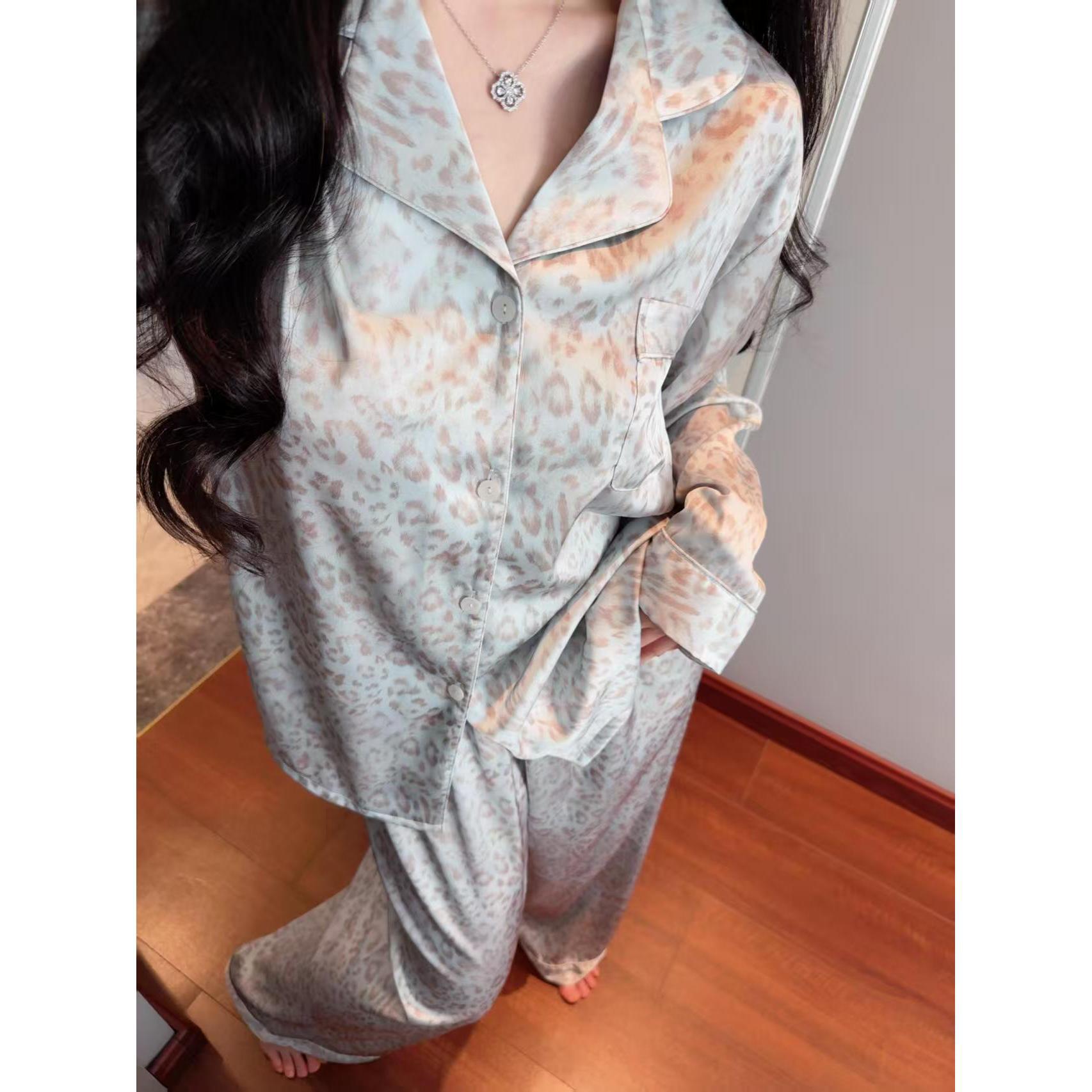 法式高级感豹纹缎面睡衣女款春秋季新款冰丝质感家居服套装潮
