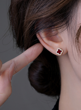 MEILAIFUREN高端定制微镶水钻红色三叶草耳钉女纯银高爆款耳环