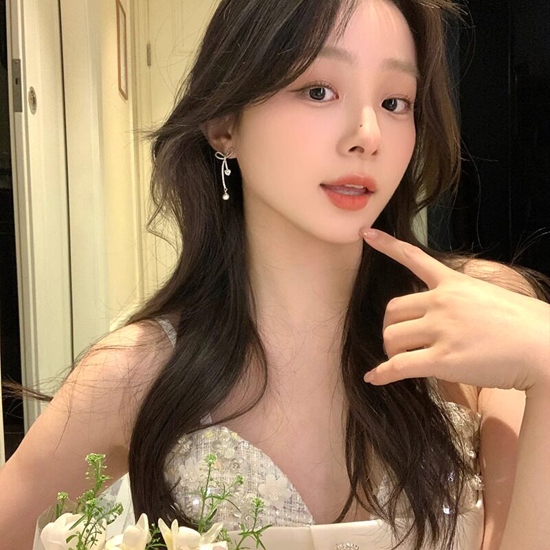 韩系镶锆蝴蝶结爱心珍珠耳环女