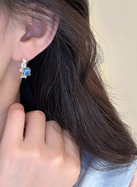 MEILAIFUREN高端定制锆石蓝色珍珠耳环圈圈女夏轻奢气质耳饰耳圈