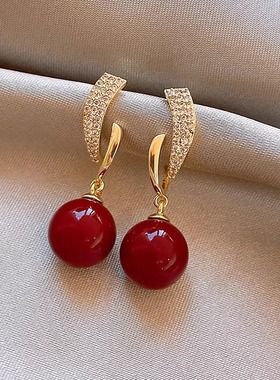 MEILAIFUREN高端定制 红色珍珠耳钉高级感耳饰过本命年耳环