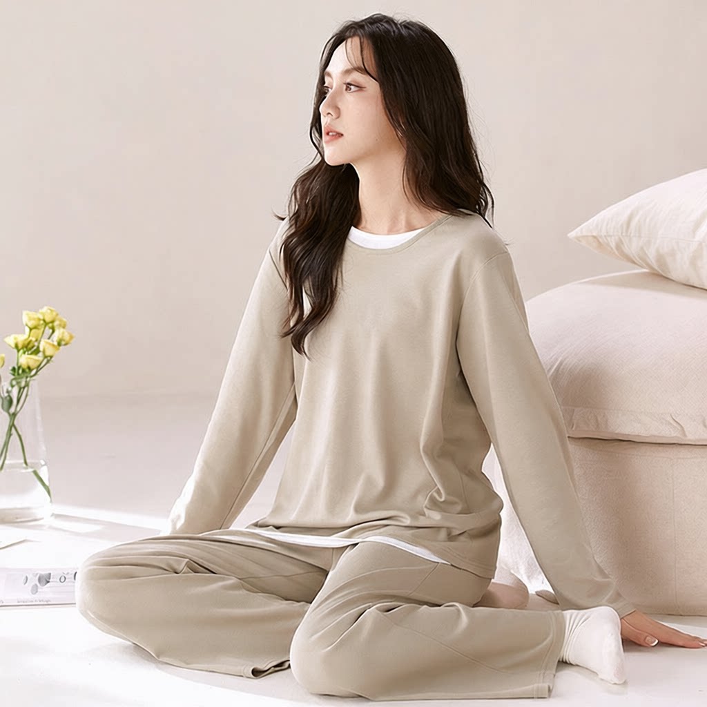 新款全棉长袖长裤套头简约纯色春秋季女士家居服宽松休闲睡衣女