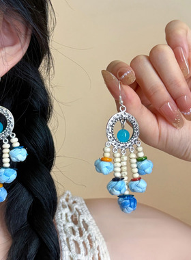 MEILAIFUREN高端定制波西米亚蓝色串珠流苏耳环女款复古民族风