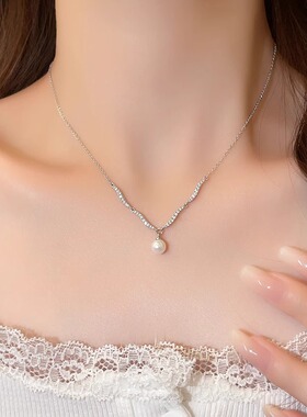 银色波浪微镶珍珠吊坠项链
