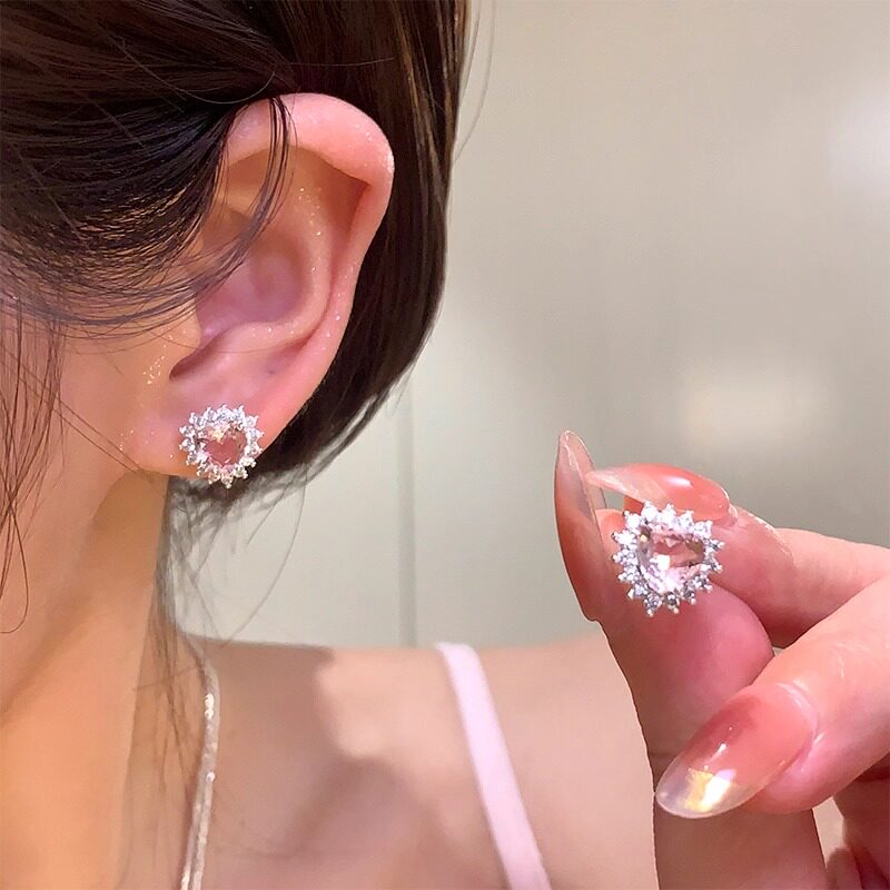 粉色爱心锆石耳钉轻奢小众耳钉