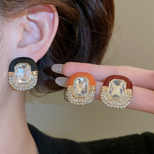 MEILAIFUREN高端定制镶钻滴油椭圆形耳钉复古风轻奢高级感耳环女