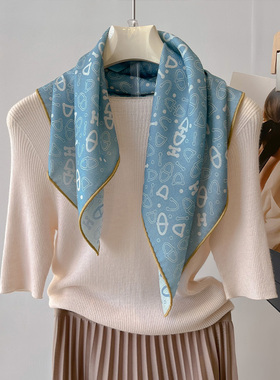 蓝色真丝羊毛围巾女2025新款冬季高级感防风披肩丝毛中方巾丝巾