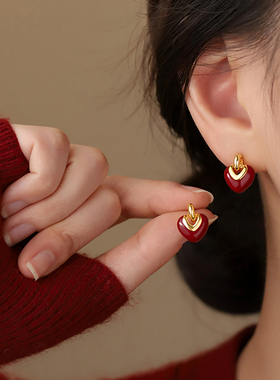 MEILAIFUREN高端定制 925银爱心耳钉本命年新年红色喜庆耳环耳饰