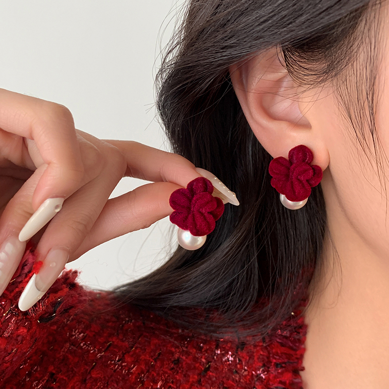 999银花朵珍珠耳钉红色耳饰
