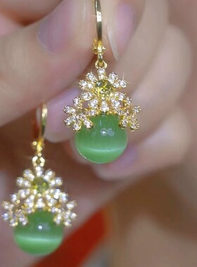 MEILAIFUREN高端定制轻奢镶钻绿色猫眼石耳环爆款小众时尚耳扣