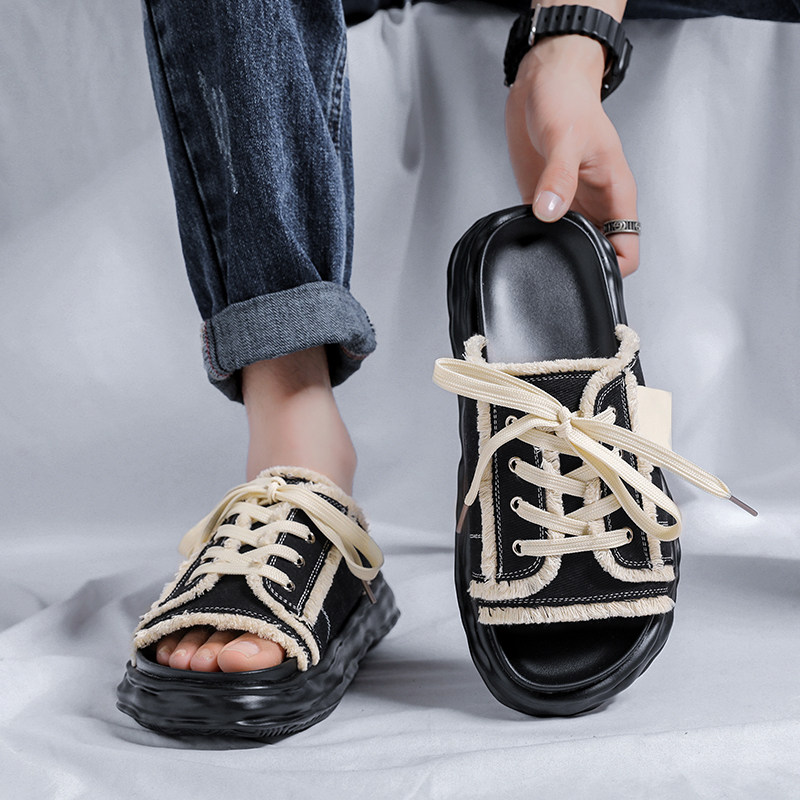 潮牌拖鞋男夏季户外一字拖百搭溶解厚底增高防滑小众帆布休闲凉拖