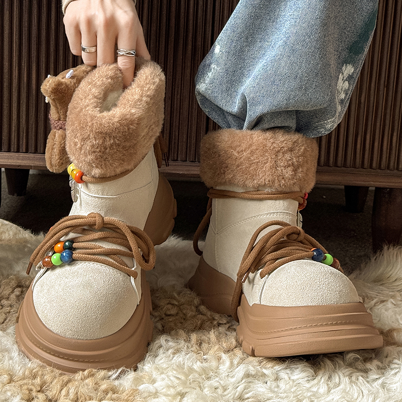 厚底小熊绑带雪地靴东北大棉鞋