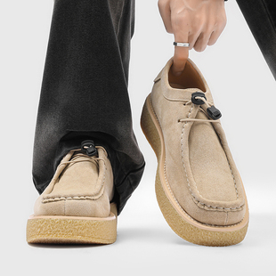 方头休闲皮鞋厚底增高翻毛皮乐福鞋美式复古袋鼠鞋低帮高级感潮鞋