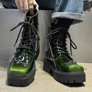 英伦风漆皮亮面马丁靴男厚底机车靴方头增高工装 靴亚文化潮亚比鞋