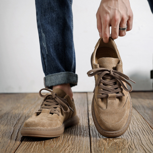 春季休闲鞋男低帮百搭反绒皮小众真皮板鞋平底潮鞋复古翻毛皮男鞋