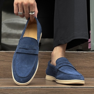 老钱风复古乐福鞋男翻毛皮懒人一脚蹬休闲皮鞋平底透气英伦豆豆鞋