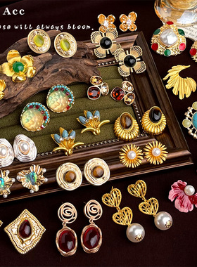 【New Soul】中古花朵耳环银针轻奢风重工锆石耳钉复古感高级耳饰