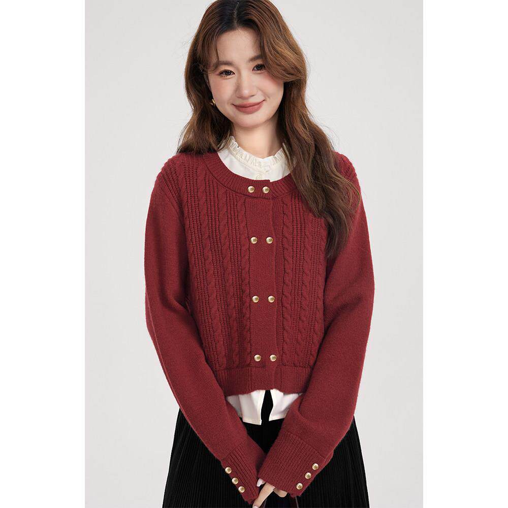 爱大蔷薇码新年穿搭红色GT71143毛打衣开衫女秋冬外针套胖mm底内