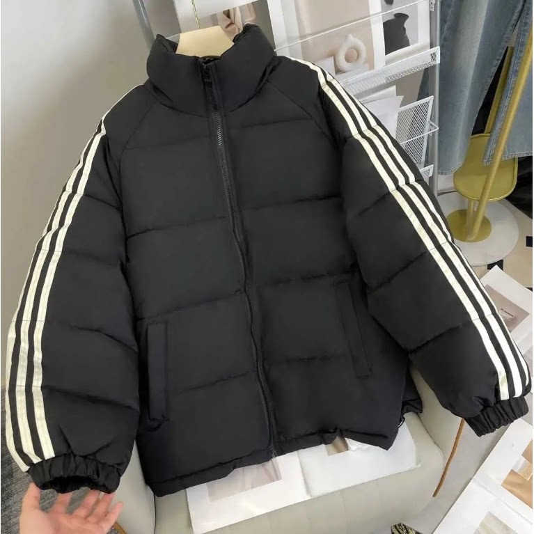 加大码胖妹妹羽绒棉服女秋冬新款三条杠拼接立领百搭保暖加厚外套