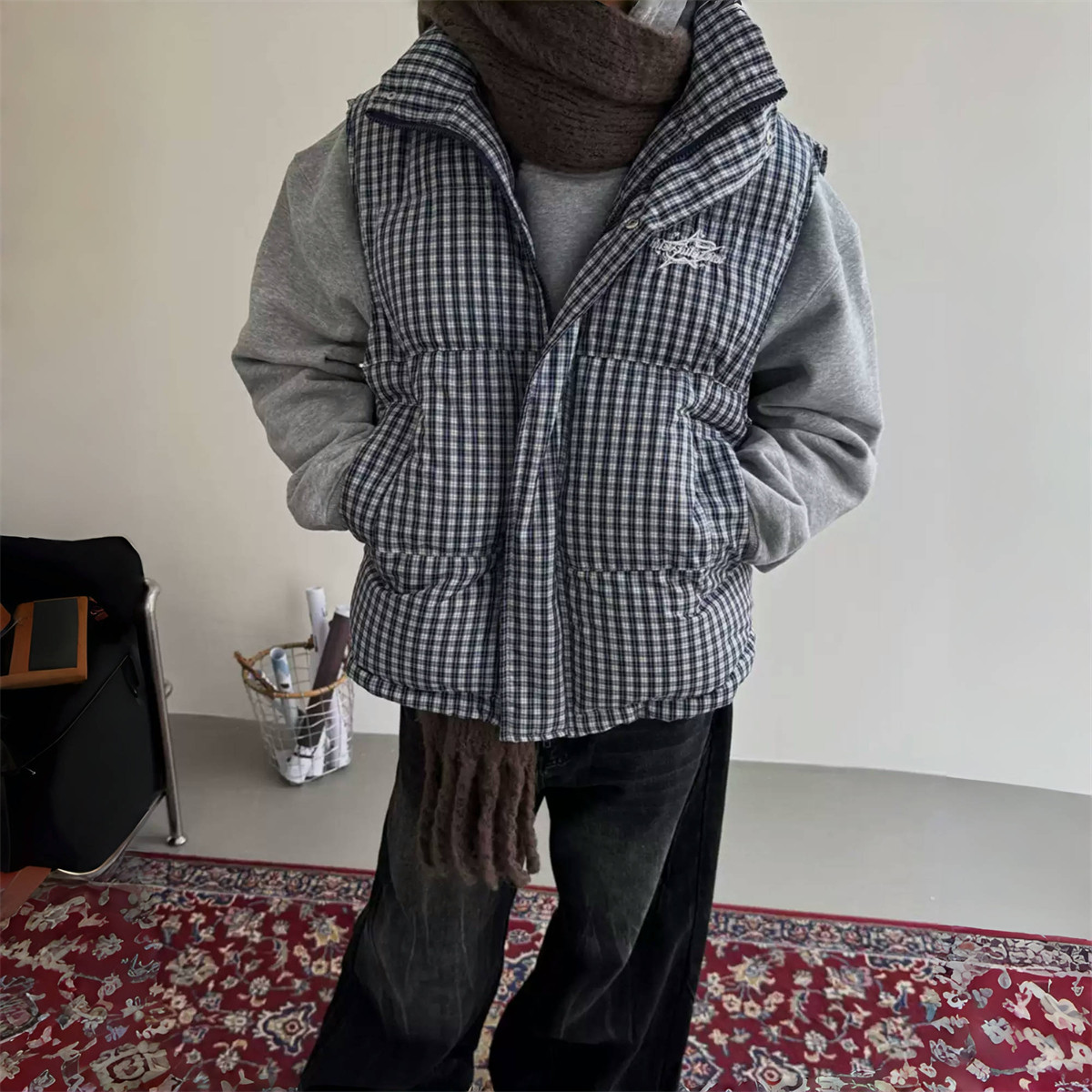 超好看 胖mm大码格子立领棉服马甲背心女秋冬宽松棉坎肩外套潮602