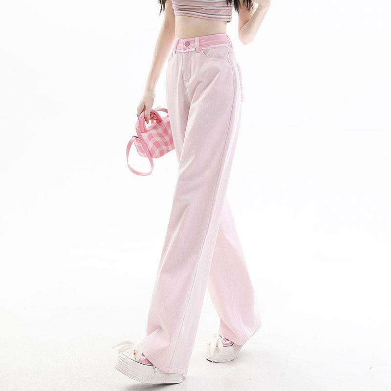 逃地球离显浅粉仔色高腰牛裤女夏小个子瘦垂感直筒拖JLG地阔腿长