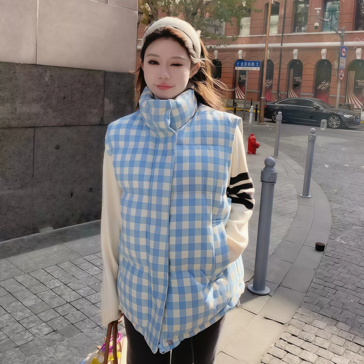 超好看减龄 胖mm大码女装棉服马甲秋冬复古叠穿格纹立领坎肩潮603