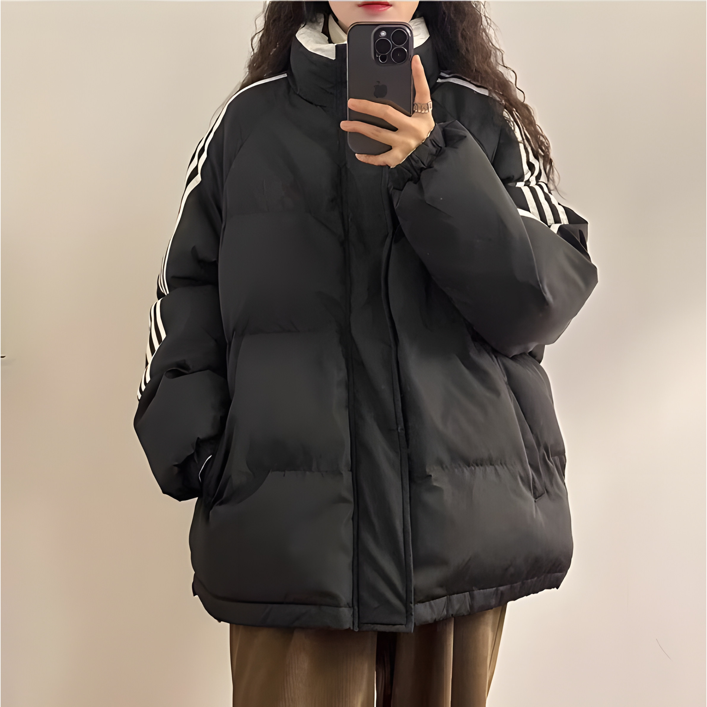 胖mm大码羽绒棉服女秋冬新款韩版潮流时尚三条杠保暖加厚外套