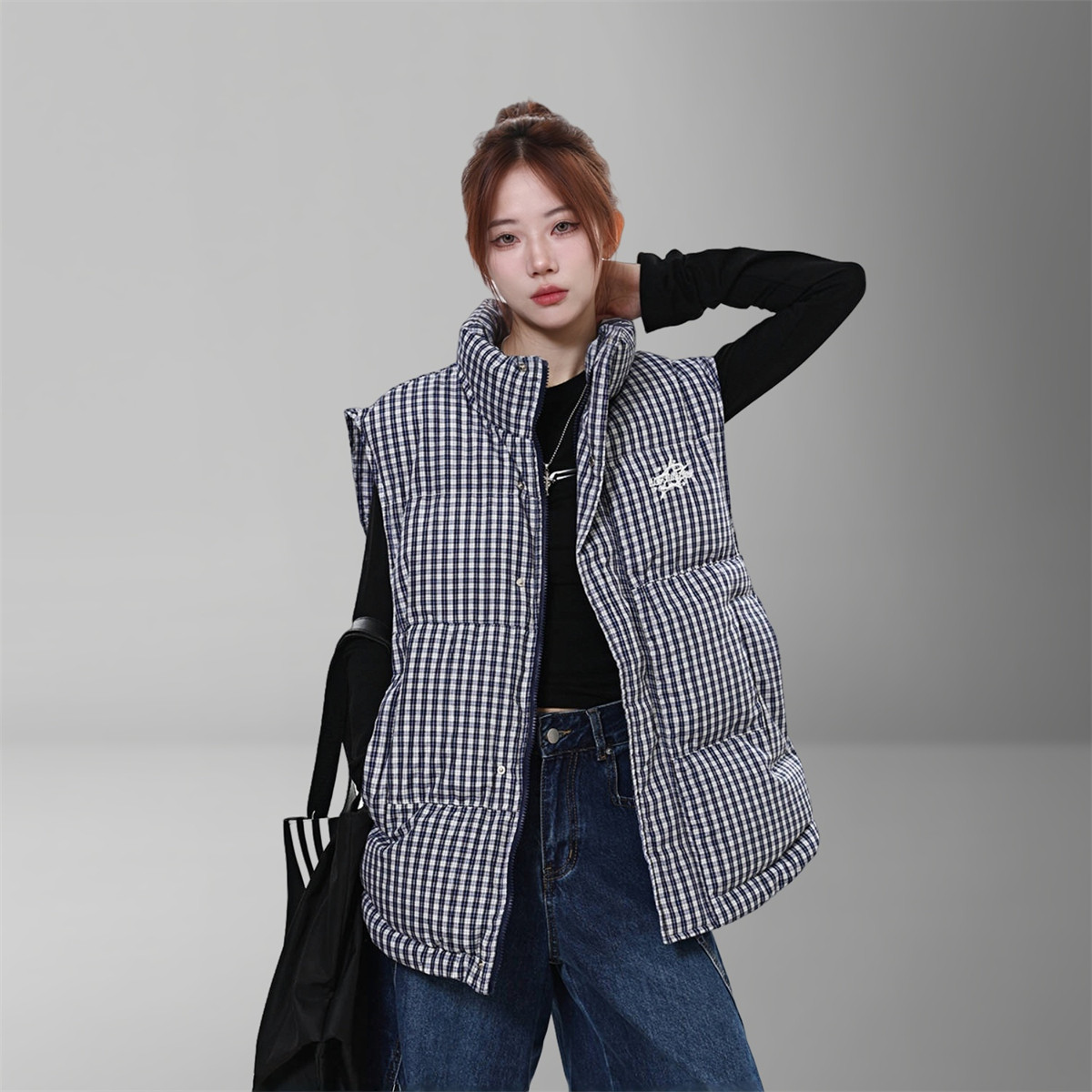 超好看 胖mm大码立领棉服马甲女秋冬新款宽松背心格子马夹外套602