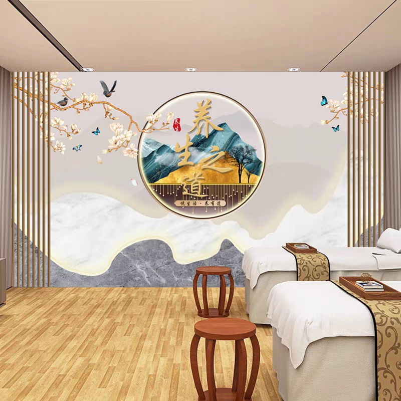 中医养生之道背景墙纸理疗推拿墙布美容院吧台按摩壁纸养生馆壁画