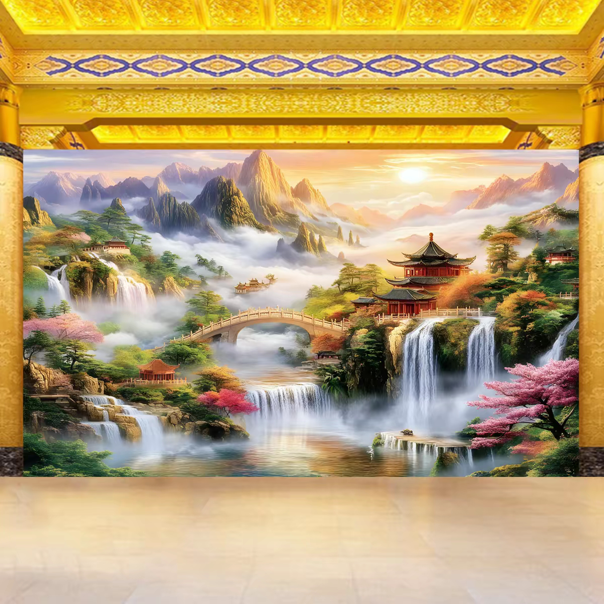 佛堂山水楼阁风景背景墙纸办公室聚宝盆壁画高山流水仙道佛堂壁纸