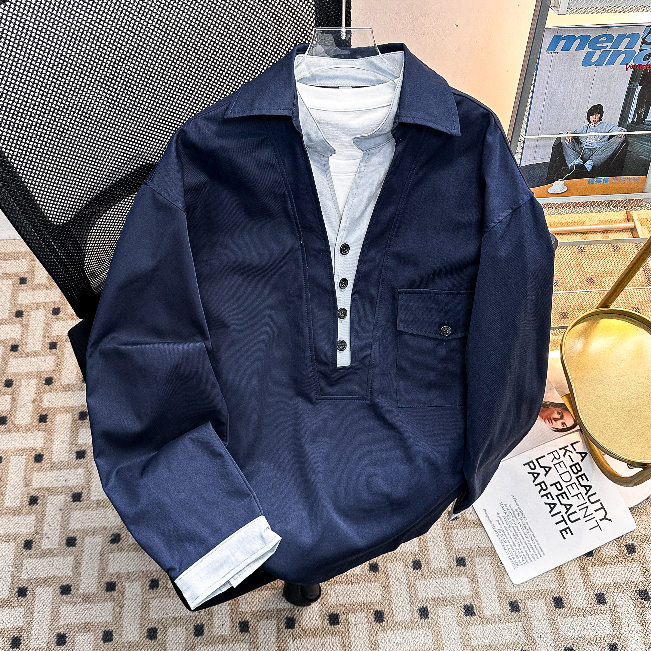 假两件翻领工装衬衫男春秋季老钱风潮流长袖衬衣设计感痞帅风外套