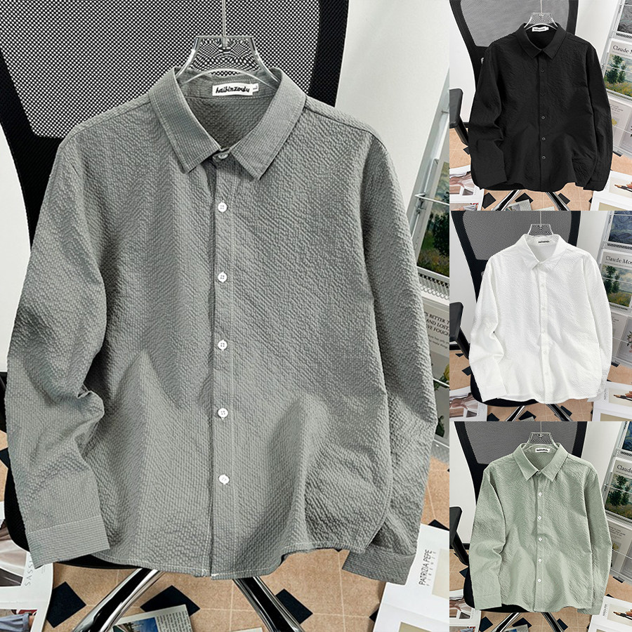 春秋款长袖衬衫男泡泡纱上衣外套2024新款秋季高端学生抗皱衬衣潮