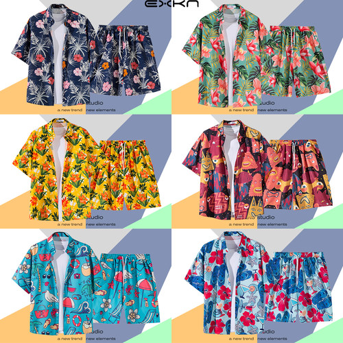 美式慵懒复古夏威夷短袖花衬衫男女港风沙滩短裤套装海边度假衬衣