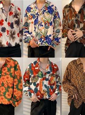 长袖衬衫男印花衬衣潮流休闲韩版宽松日系复古潮牌港风帅气bf网红