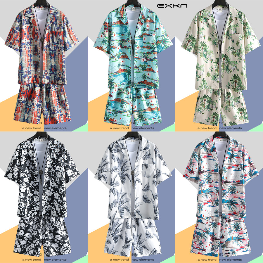 海南沙滩衬衫男套装三亚旅游夏威夷大码休闲花衬衣男士五分沙滩裤